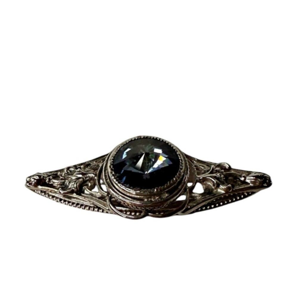 Vintage Whiting & Davis Silver Tone Blue Rivoli Crystal Stone Brooch